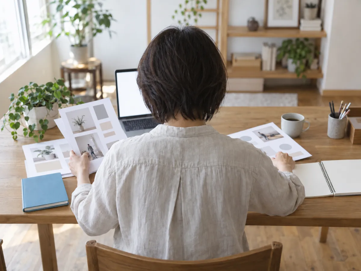 机で資料をまとめている人の後ろ姿
